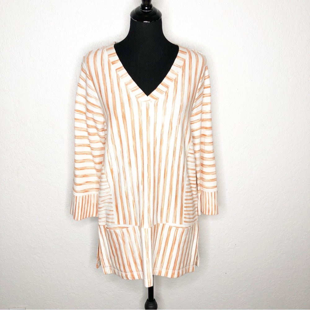 Soft Surroundings orange white mixed stripe v neck tunic top‎ size Medium